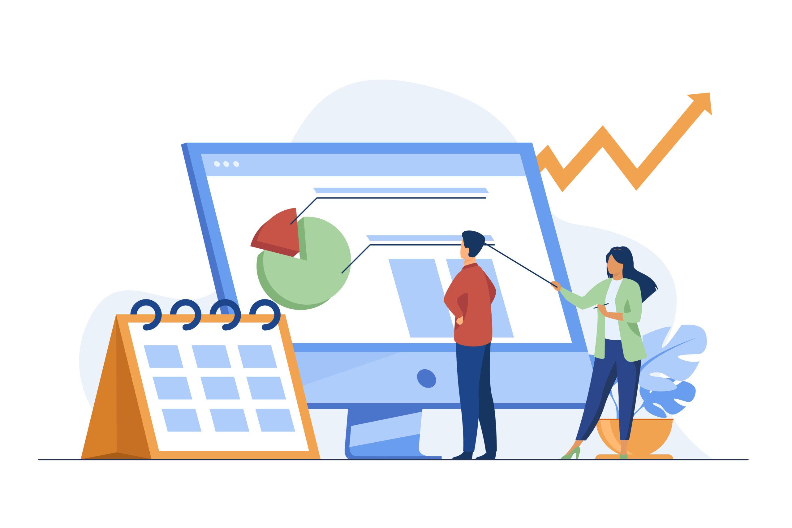 Young tiny analysts preparing monthly report. Calendar, chart, arrow flat vector illustration. Statistics and digital technology concept for banner, website design or landing web page